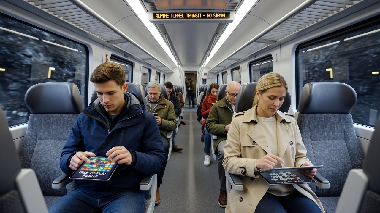 Group of commuters on a Swiss train engaging with puzzle interfaces during tunnel passage